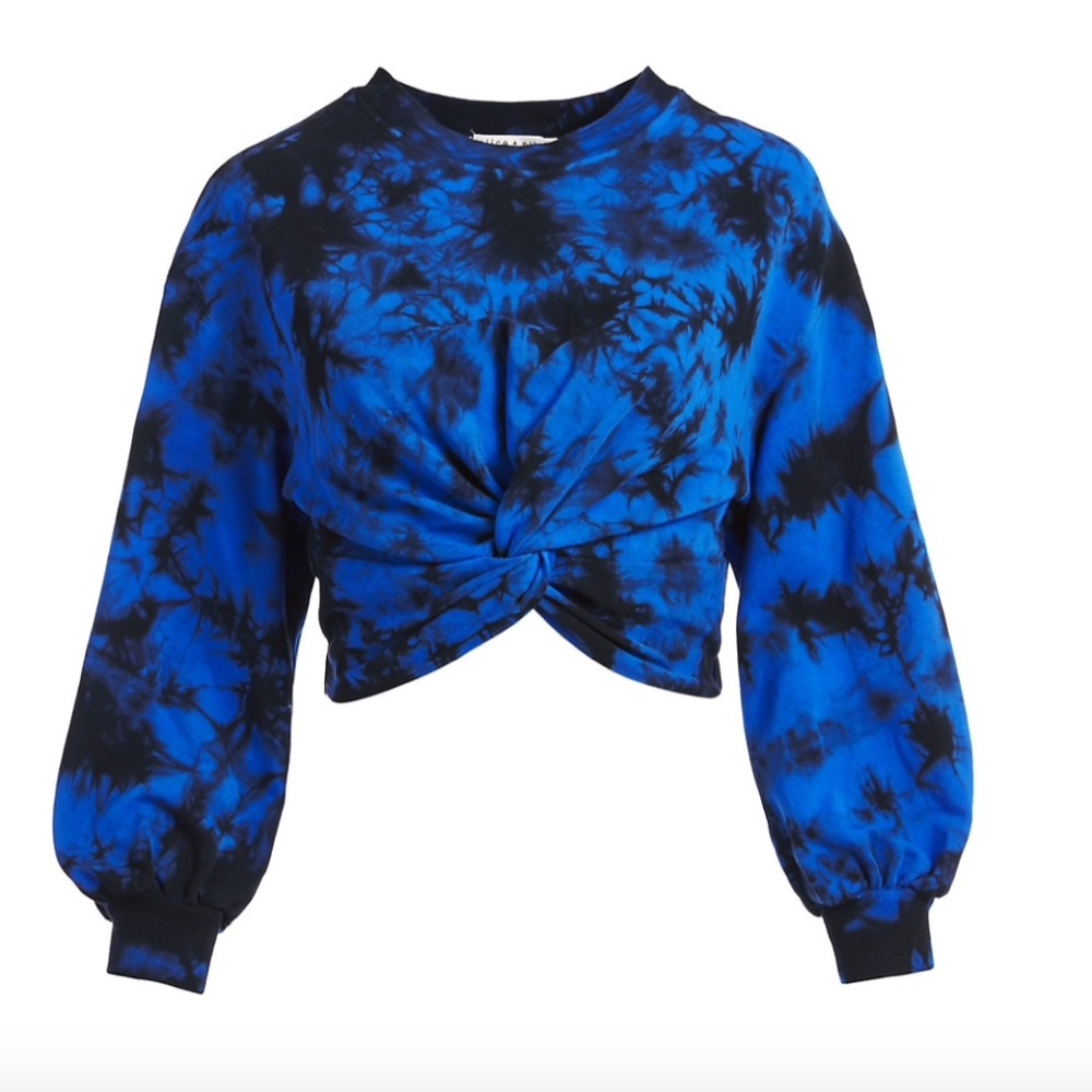 Alice + Olivia Blue and Black Tie-Dye Cropped Long Sleeve Tee